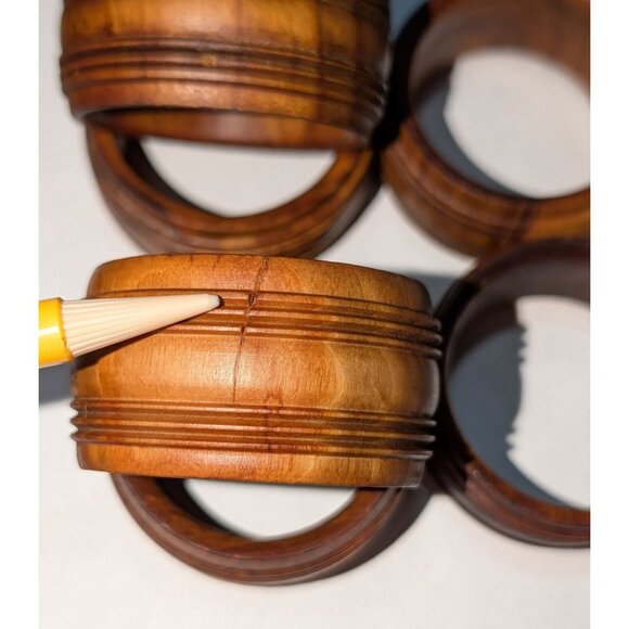 Set 6 Vintage Wooden Napkin Rings Grooved France Holiday Party - Picture 7 of 16